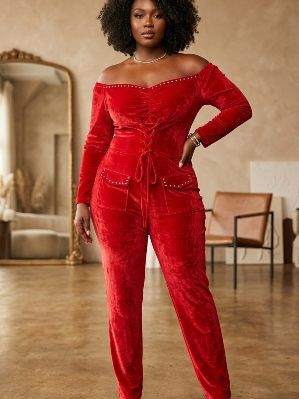 Off-Shoulder Red Velour Ruched Jumpsuit with Tie Waist